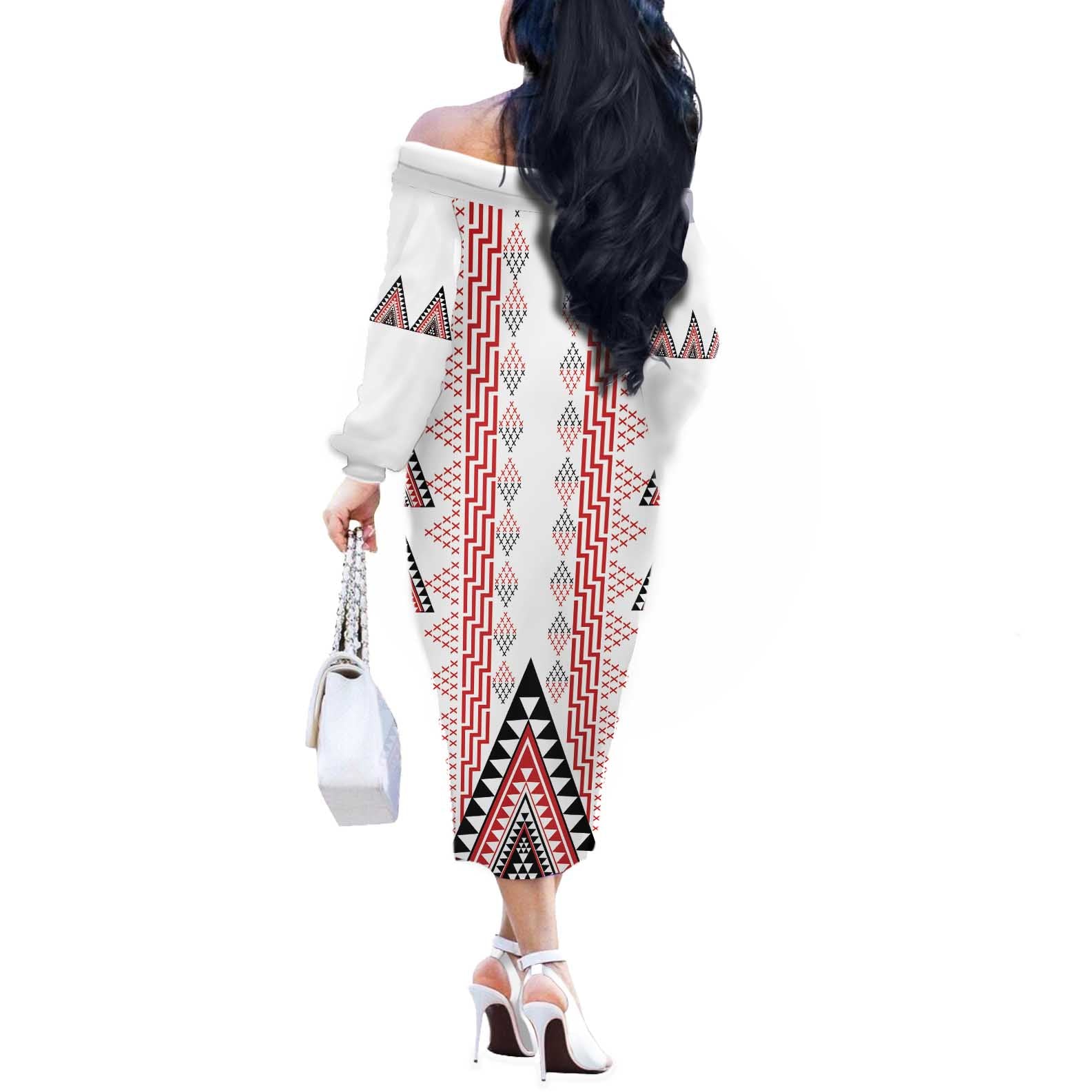 Aotearoa Taniko Off The Shoulder Long Sleeve Dress Niho Taniwha Purapura Whetu Mix Poutama