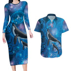 Paikea New Zealand Matariki Couples Matching Long Sleeve Bodycon Dress and Hawaiian Shirt Humpback Whale Taniko Motifs Ocean Vibes