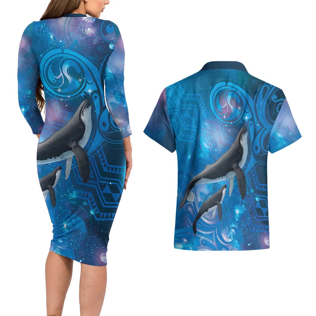 Paikea New Zealand Matariki Couples Matching Long Sleeve Bodycon Dress and Hawaiian Shirt Humpback Whale Taniko Motifs Ocean Vibes
