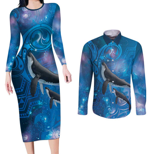 Paikea New Zealand Matariki Couples Matching Long Sleeve Bodycon Dress and Long Sleeve Button Shirt Humpback Whale Taniko Motifs Ocean Vibes