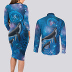 Paikea New Zealand Matariki Couples Matching Long Sleeve Bodycon Dress and Long Sleeve Button Shirt Humpback Whale Taniko Motifs Ocean Vibes
