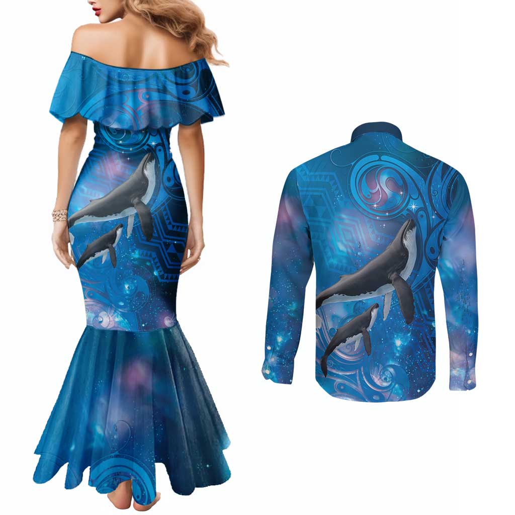 Paikea New Zealand Matariki Couples Matching Mermaid Dress and Long Sleeve Button Shirt Humpback Whale Taniko Motifs Ocean Vibes