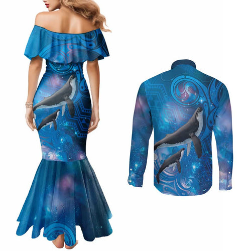 Paikea New Zealand Matariki Couples Matching Mermaid Dress and Long Sleeve Button Shirt Humpback Whale Taniko Motifs Ocean Vibes