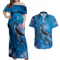 Paikea New Zealand Matariki Couples Matching Off Shoulder Maxi Dress and Hawaiian Shirt Humpback Whale Taniko Motifs Ocean Vibes