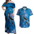 Paikea New Zealand Matariki Couples Matching Off Shoulder Maxi Dress and Hawaiian Shirt Humpback Whale Taniko Motifs Ocean Vibes