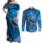 Paikea New Zealand Matariki Couples Matching Off Shoulder Maxi Dress and Long Sleeve Button Shirt Humpback Whale Taniko Motifs Ocean Vibes