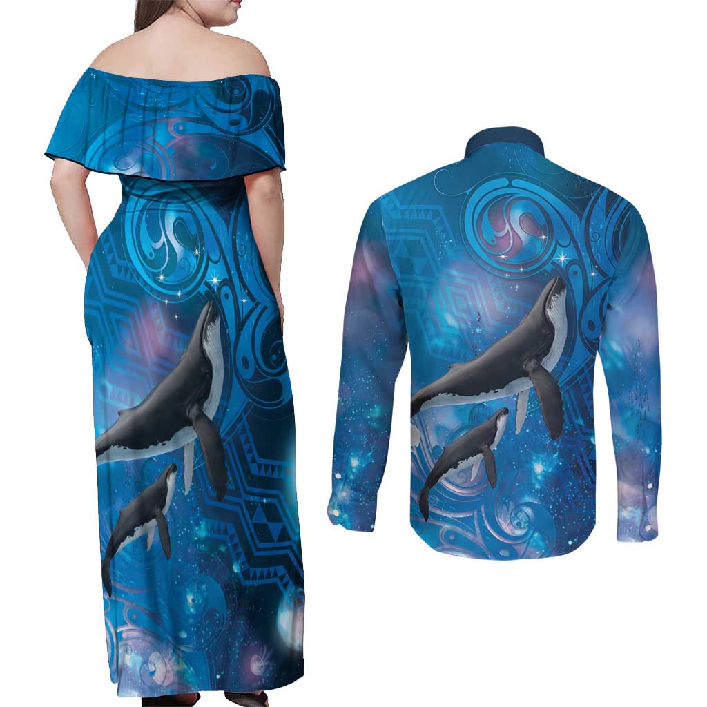 Paikea New Zealand Matariki Couples Matching Off Shoulder Maxi Dress and Long Sleeve Button Shirt Humpback Whale Taniko Motifs Ocean Vibes