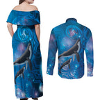 Paikea New Zealand Matariki Couples Matching Off Shoulder Maxi Dress and Long Sleeve Button Shirt Humpback Whale Taniko Motifs Ocean Vibes
