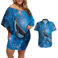 Paikea New Zealand Matariki Couples Matching Off Shoulder Short Dress and Hawaiian Shirt Humpback Whale Taniko Motifs Ocean Vibes