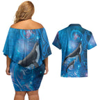 Paikea New Zealand Matariki Couples Matching Off Shoulder Short Dress and Hawaiian Shirt Humpback Whale Taniko Motifs Ocean Vibes