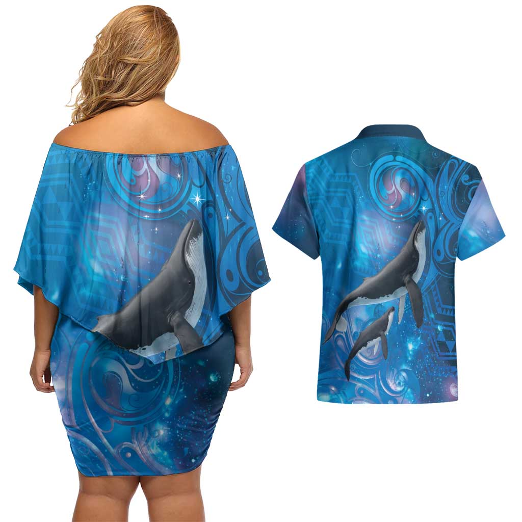 Paikea New Zealand Matariki Couples Matching Off Shoulder Short Dress and Hawaiian Shirt Humpback Whale Taniko Motifs Ocean Vibes