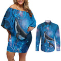Paikea New Zealand Matariki Couples Matching Off Shoulder Short Dress and Long Sleeve Button Shirt Humpback Whale Taniko Motifs Ocean Vibes