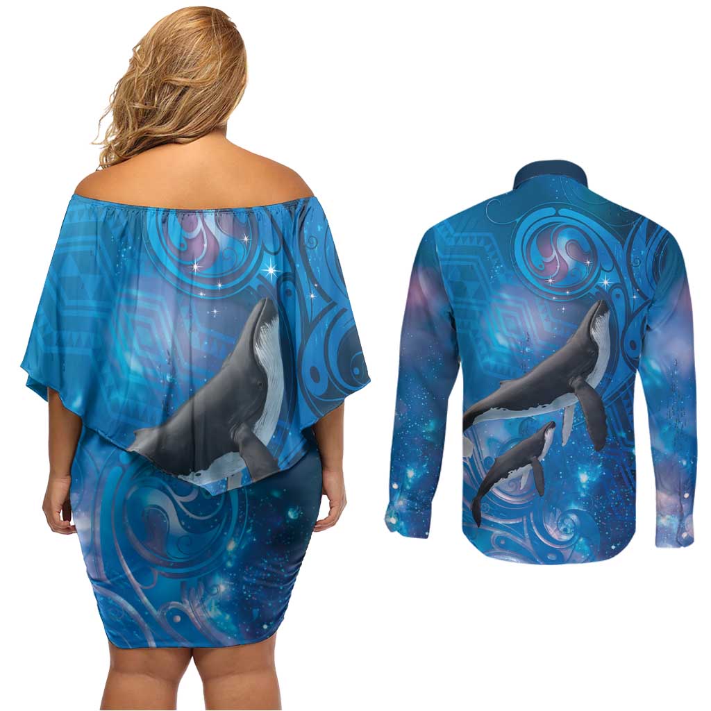 Paikea New Zealand Matariki Couples Matching Off Shoulder Short Dress and Long Sleeve Button Shirt Humpback Whale Taniko Motifs Ocean Vibes