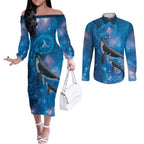 Paikea New Zealand Matariki Couples Matching Off The Shoulder Long Sleeve Dress and Long Sleeve Button Shirt Humpback Whale Taniko Motifs Ocean Vibes