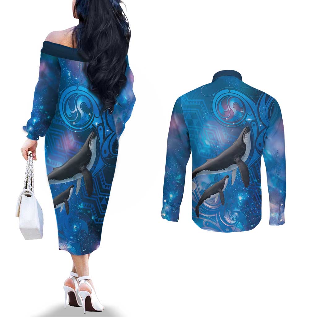Paikea New Zealand Matariki Couples Matching Off The Shoulder Long Sleeve Dress and Long Sleeve Button Shirt Humpback Whale Taniko Motifs Ocean Vibes