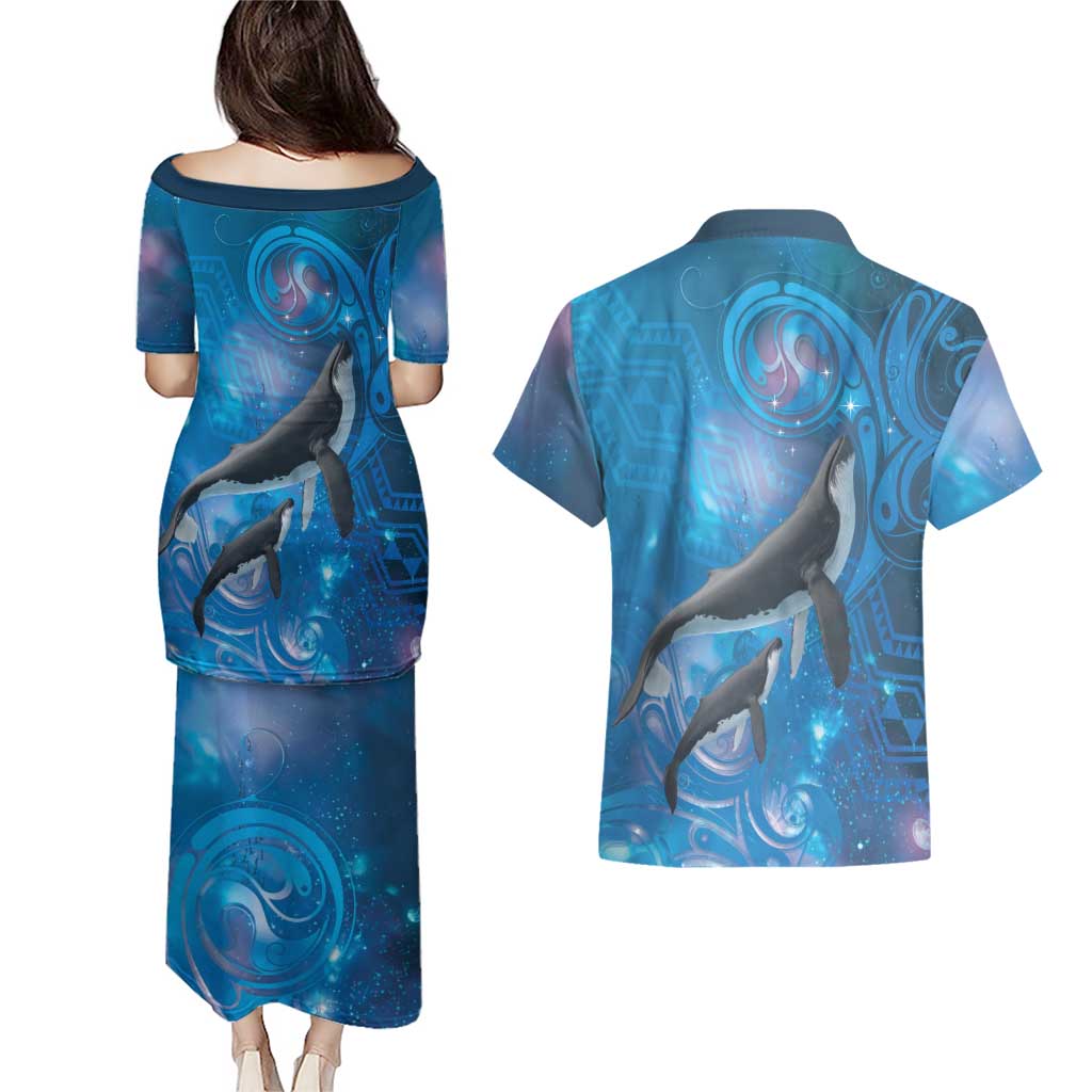 Paikea New Zealand Matariki Couples Matching Puletasi and Hawaiian Shirt Humpback Whale Taniko Motifs Ocean Vibes