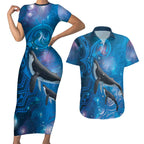 Paikea New Zealand Matariki Couples Matching Short Sleeve Bodycon Dress and Hawaiian Shirt Humpback Whale Taniko Motifs Ocean Vibes
