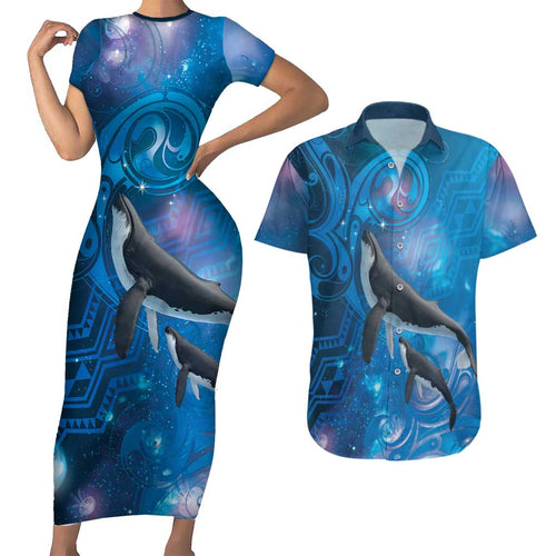 Paikea New Zealand Matariki Couples Matching Short Sleeve Bodycon Dress and Hawaiian Shirt Humpback Whale Taniko Motifs Ocean Vibes