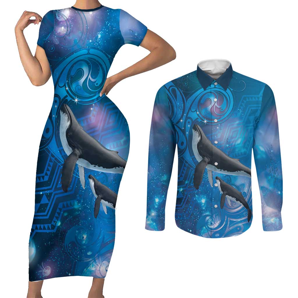 Paikea New Zealand Matariki Couples Matching Short Sleeve Bodycon Dress and Long Sleeve Button Shirt Humpback Whale Taniko Motifs Ocean Vibes