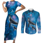 Paikea New Zealand Matariki Couples Matching Short Sleeve Bodycon Dress and Long Sleeve Button Shirt Humpback Whale Taniko Motifs Ocean Vibes