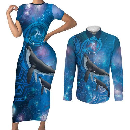 Paikea New Zealand Matariki Couples Matching Short Sleeve Bodycon Dress and Long Sleeve Button Shirt Humpback Whale Taniko Motifs Ocean Vibes