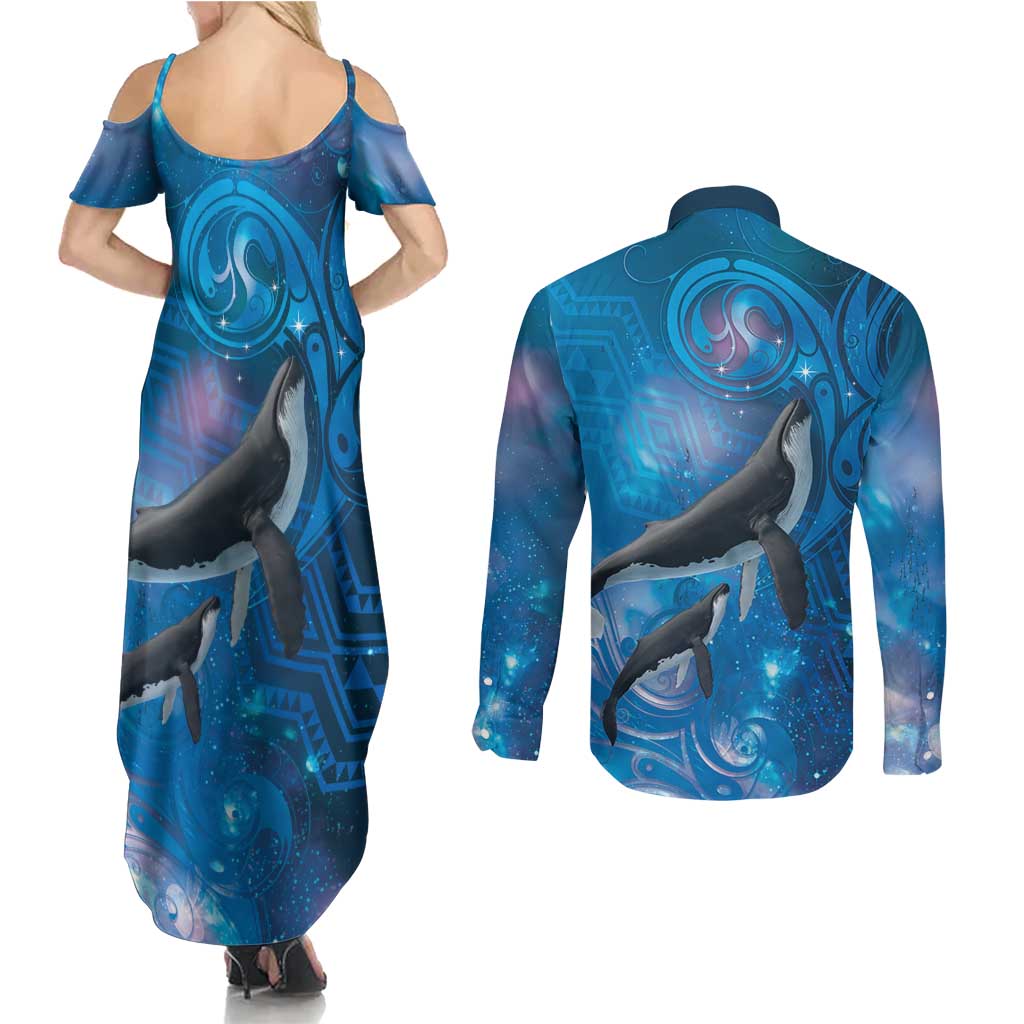 Paikea New Zealand Matariki Couples Matching Summer Maxi Dress and Long Sleeve Button Shirt Humpback Whale Taniko Motifs Ocean Vibes