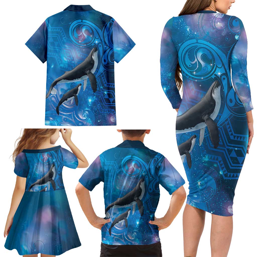 Paikea New Zealand Matariki Family Matching Long Sleeve Bodycon Dress and Hawaiian Shirt Humpback Whale Taniko Motifs Ocean Vibes