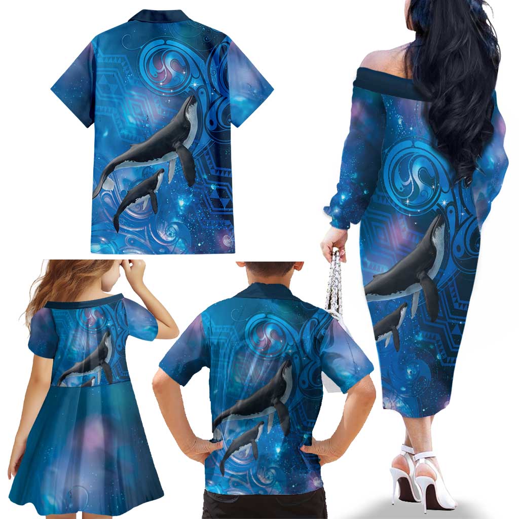 Paikea New Zealand Matariki Family Matching Off The Shoulder Long Sleeve Dress and Hawaiian Shirt Humpback Whale Taniko Motifs Ocean Vibes