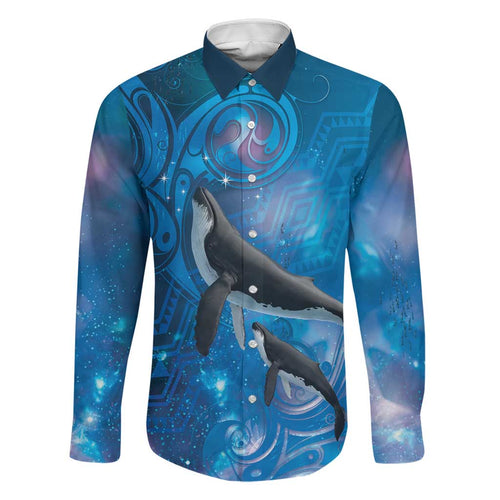 Paikea New Zealand Matariki Family Matching Off The Shoulder Long Sleeve Dress and Hawaiian Shirt Humpback Whale Taniko Motifs Ocean Vibes