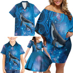 Paikea New Zealand Matariki Family Matching Off Shoulder Short Dress and Hawaiian Shirt Humpback Whale Taniko Motifs Ocean Vibes