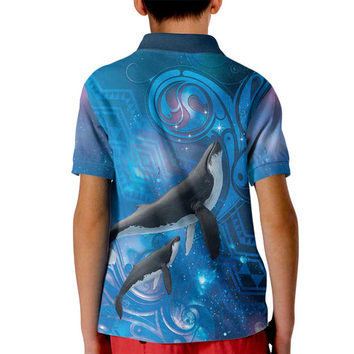 Paikea New Zealand Matariki Kid Polo Shirt Humpback Whale Taniko Motifs Ocean Vibes