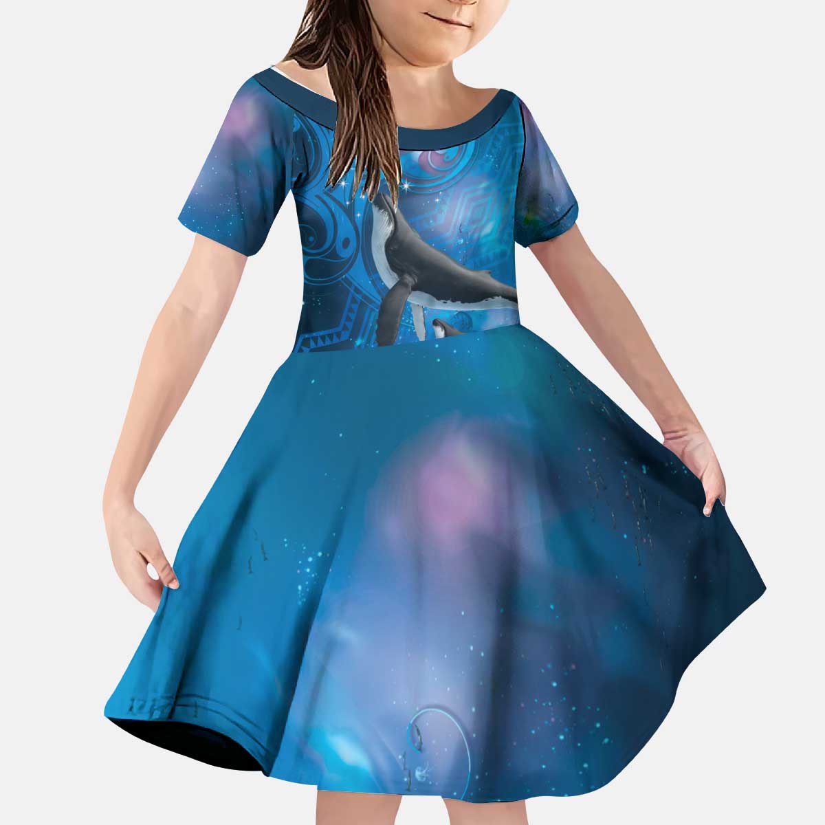Paikea New Zealand Matariki Kid Short Sleeve Dress Humpback Whale Taniko Motifs Ocean Vibes