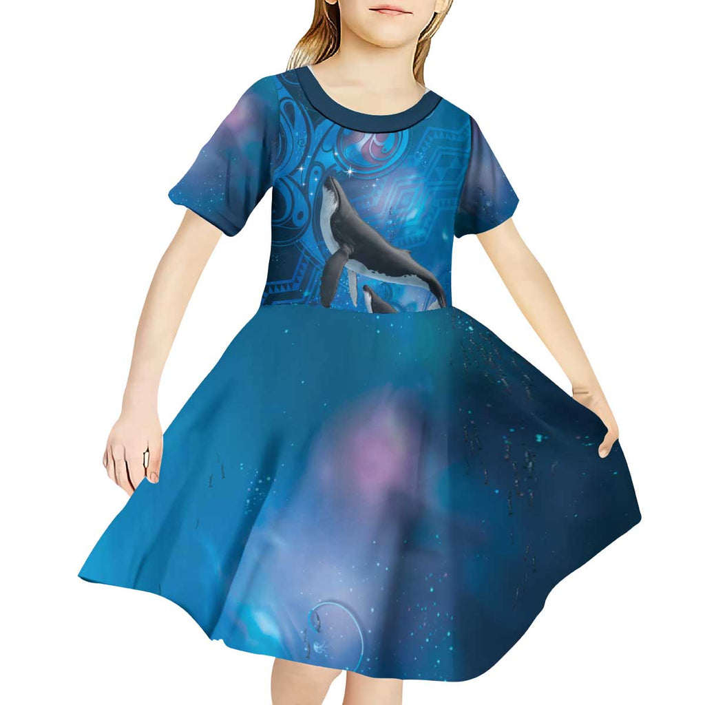 Paikea New Zealand Matariki Kid Short Sleeve Dress Humpback Whale Taniko Motifs Ocean Vibes