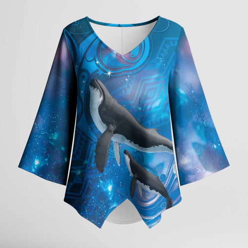 Paikea New Zealand Matariki Kimono Sleeve Blouse Humpback Whale Taniko Motifs Ocean Vibes