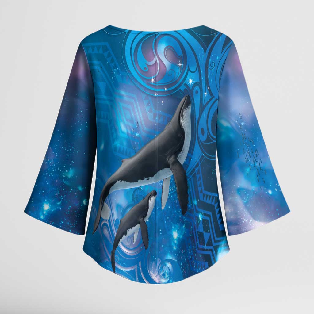 Paikea New Zealand Matariki Kimono Sleeve Blouse Humpback Whale Taniko Motifs Ocean Vibes