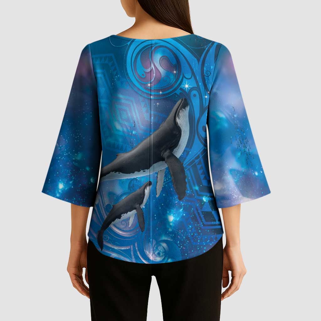Paikea New Zealand Matariki Kimono Sleeve Blouse Humpback Whale Taniko Motifs Ocean Vibes