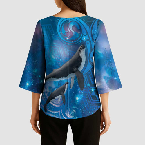 Paikea New Zealand Matariki Kimono Sleeve Blouse Humpback Whale Taniko Motifs Ocean Vibes