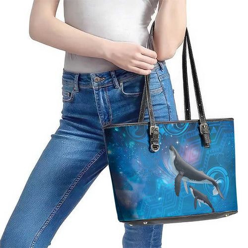 Paikea New Zealand Matariki Leather Tote Bag Humpback Whale Taniko Motifs Ocean Vibes