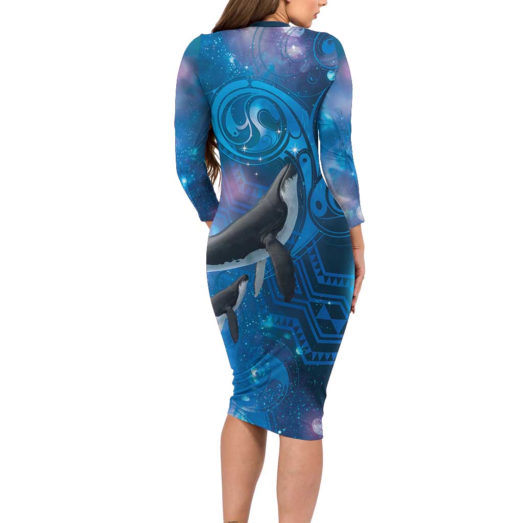 Paikea New Zealand Matariki Long Sleeve Bodycon Dress Humpback Whale Taniko Motifs Ocean Vibes
