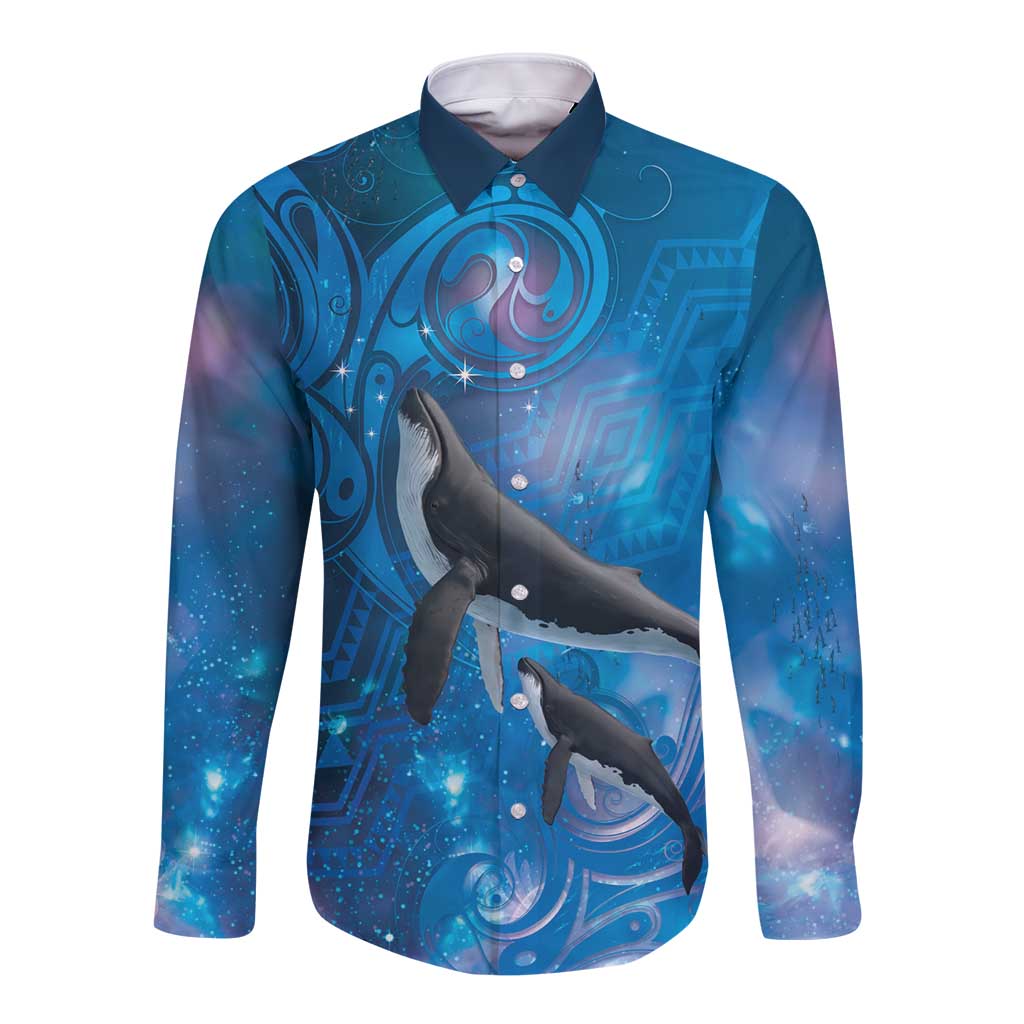Paikea New Zealand Matariki Long Sleeve Button Shirt Humpback Whale Taniko Motifs Ocean Vibes