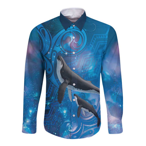 Paikea New Zealand Matariki Long Sleeve Button Shirt Humpback Whale Taniko Motifs Ocean Vibes