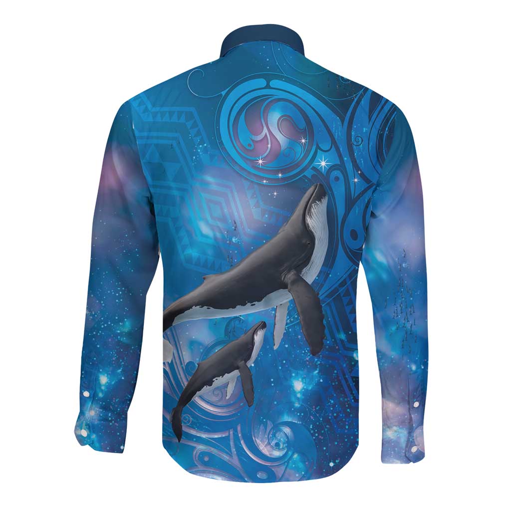 Paikea New Zealand Matariki Long Sleeve Button Shirt Humpback Whale Taniko Motifs Ocean Vibes