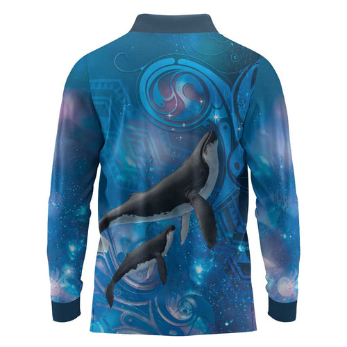 Paikea New Zealand Matariki Long Sleeve Polo Shirt Humpback Whale Taniko Motifs Ocean Vibes