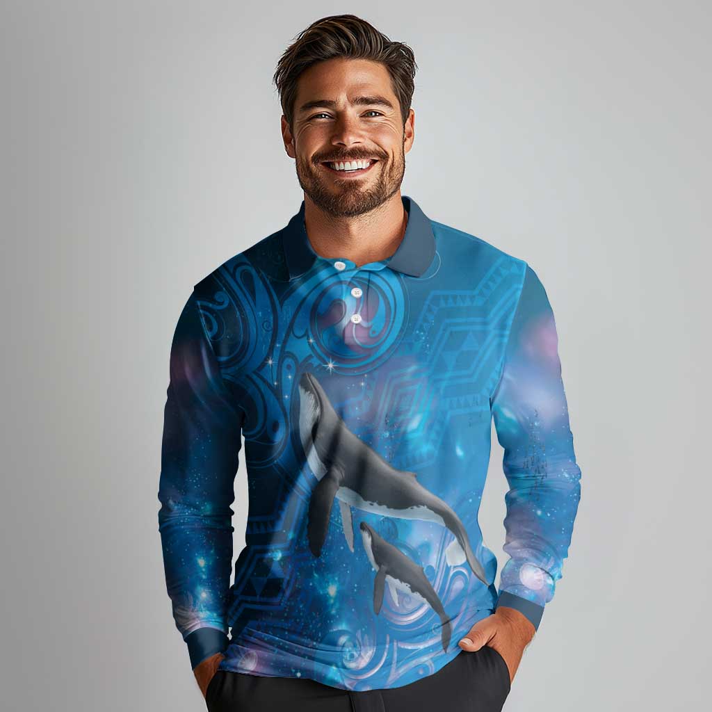 Paikea New Zealand Matariki Long Sleeve Polo Shirt Humpback Whale Taniko Motifs Ocean Vibes