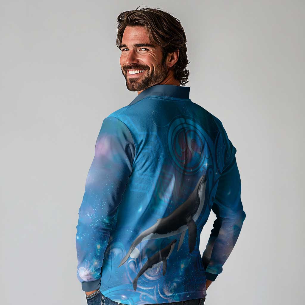 Paikea New Zealand Matariki Long Sleeve Polo Shirt Humpback Whale Taniko Motifs Ocean Vibes
