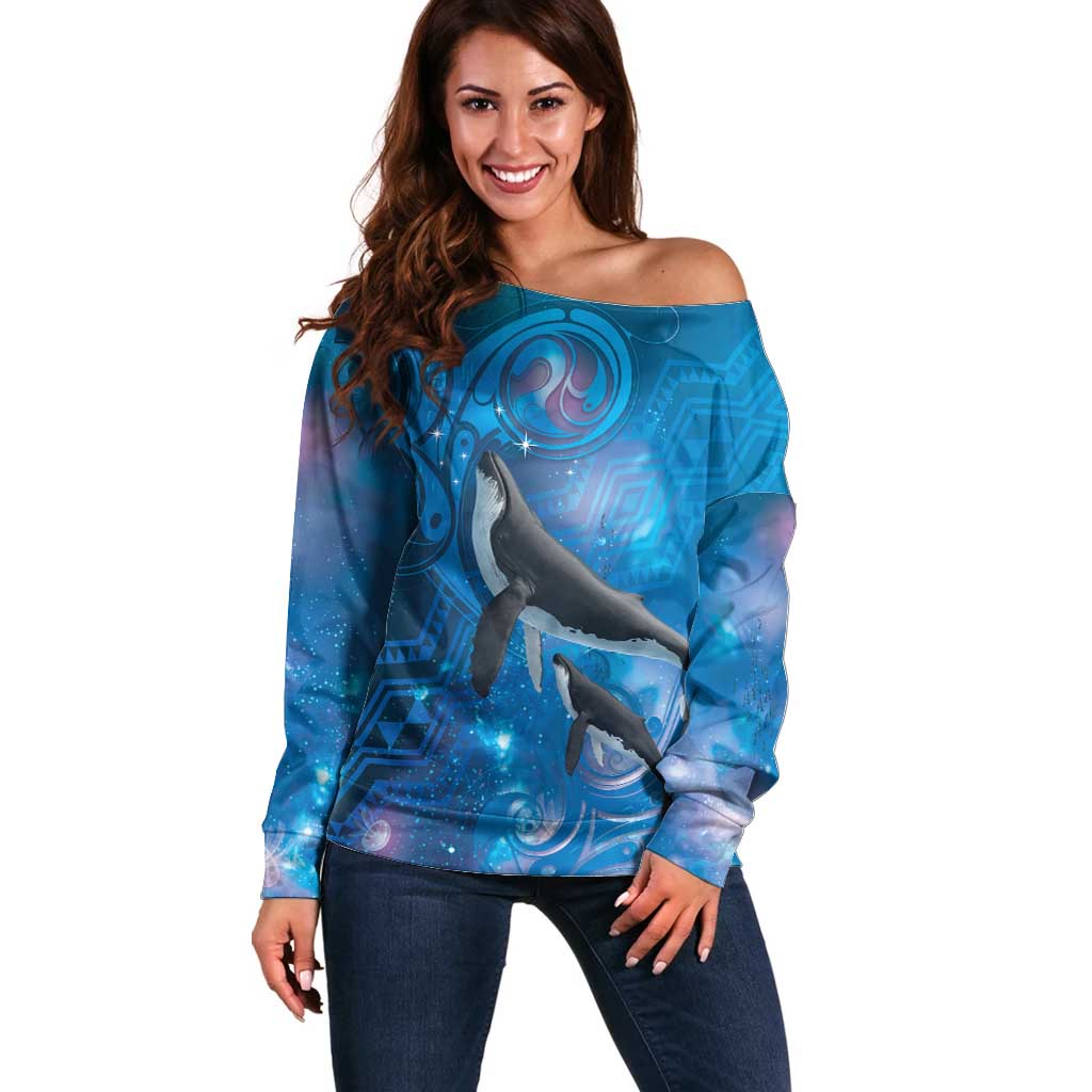 Paikea New Zealand Matariki Off Shoulder Sweater Humpback Whale Taniko Motifs Ocean Vibes