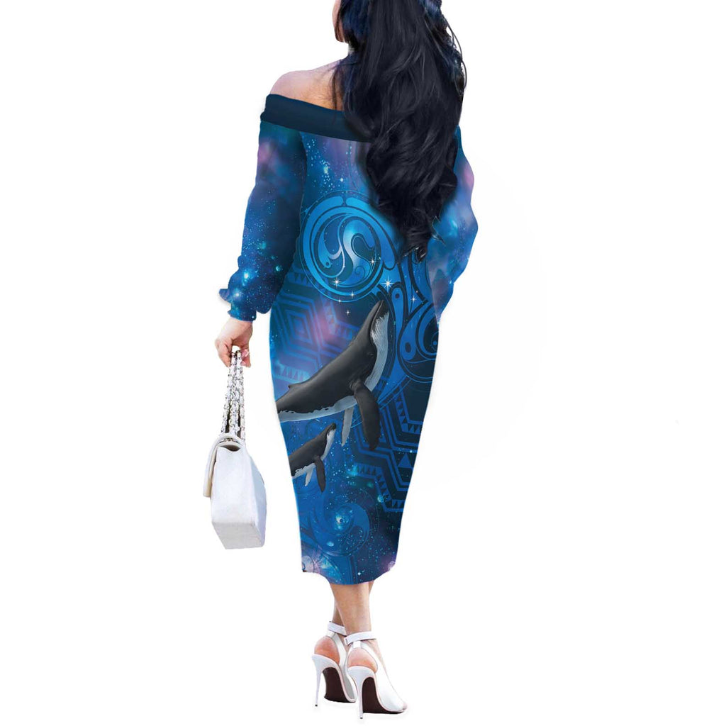 Paikea New Zealand Matariki Off The Shoulder Long Sleeve Dress Humpback Whale Taniko Motifs Ocean Vibes