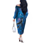 Paikea New Zealand Matariki Off The Shoulder Long Sleeve Dress Humpback Whale Taniko Motifs Ocean Vibes