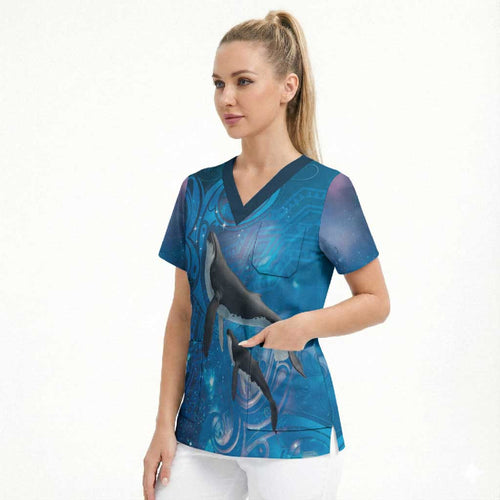 Paikea New Zealand Matariki Scrub Top Humpback Whale Taniko Motifs Ocean Vibes