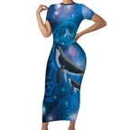 Paikea New Zealand Matariki Short Sleeve Bodycon Dress Humpback Whale Taniko Motifs Ocean Vibes